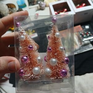 set of two miniature pink bottle brush trees with pink and white ornaments